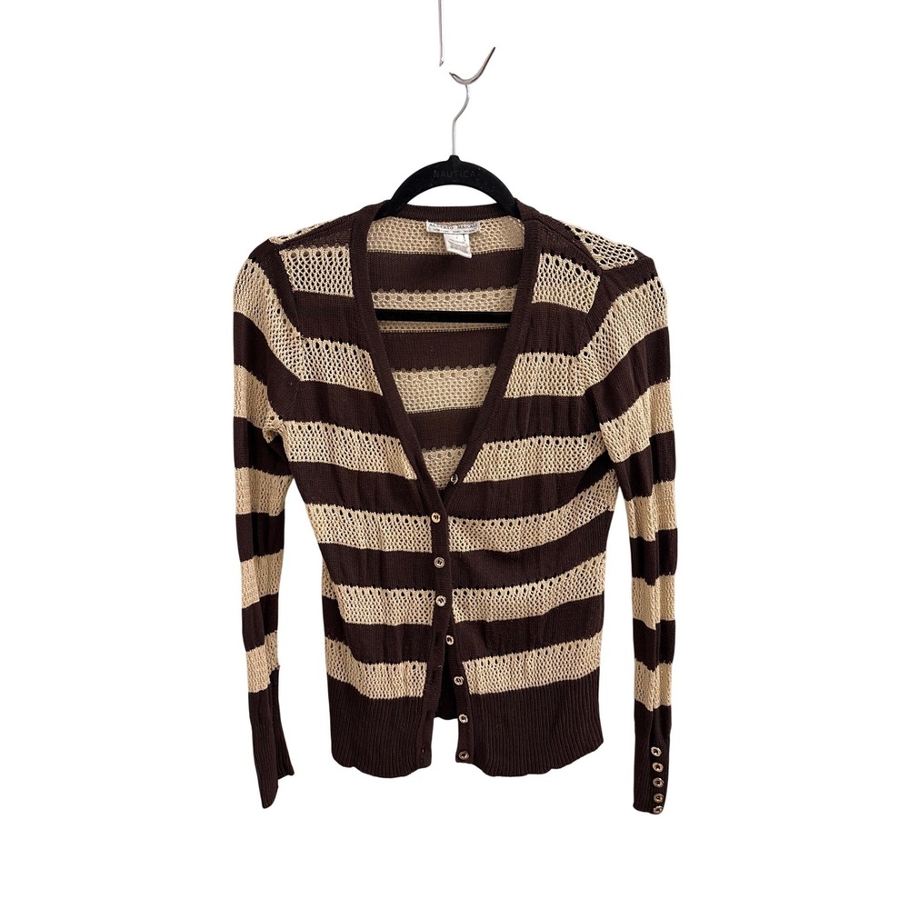 Alberto Makali Brown Beige Striped‎ Open Knit Cardigan Sweater Viscose Small